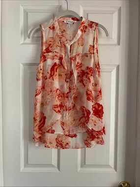 BCBGMaxAzria Pink and Red Floral Sheer Sleeveless Button-Down Top